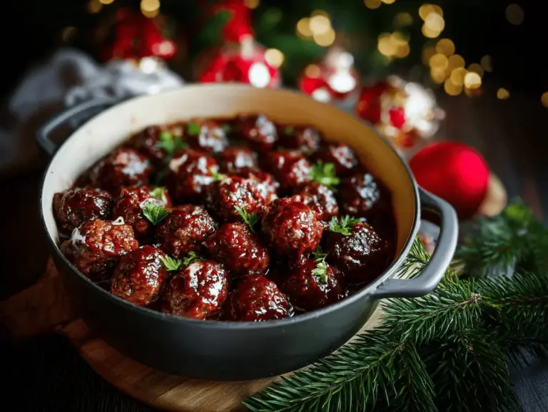 Delicious Christmas meatballs on a festive platter with unique sauces and holiday garnishes, perfect for easy holiday appetizers.
