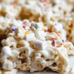 Colorful marshmallow popcorn treats in a bowl with sprinkles, perfect for movie nights and parties.