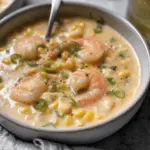 Delicious creamy shrimp and corn soup in a bowl with garlic bread, perfect for a comforting dinner.