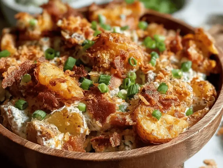 Crispy smashed potato salad with fresh herbs, olive oil, and a zesty dressing, perfect for summer gatherings.