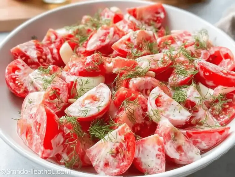Fresh tomato garlic salad with ripe tomatoes, garlic dressing, and herbs, ideal for summer meals.
