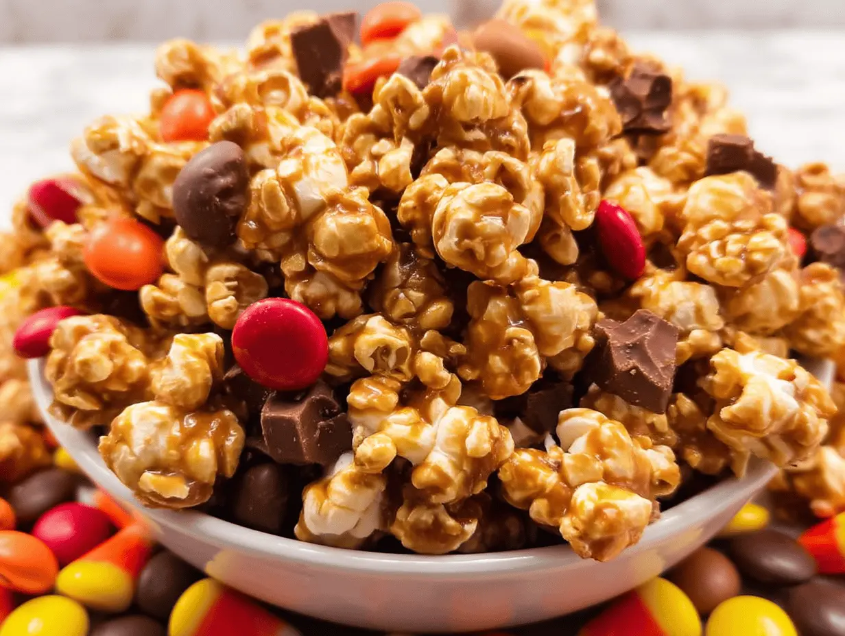 Delicious Harvest Caramel Corn recipe topped with caramel drizzle and seasonal decorations for Thanksgiving.