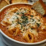 Delicious slow cooker tomato tortellini soup with cheddar toast bites, perfect for family dinners.