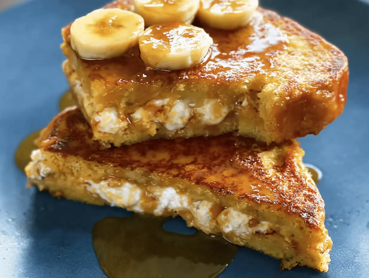 Decadent banana stuffed French toast topped with fresh banana slices, whipped cream, and maple syrup, perfect for brunch.