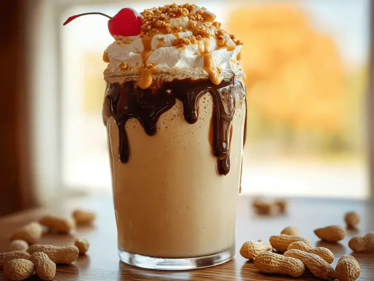 Creamy peanut butter milkshake with whipped cream and chocolate syrup in a tall glass
