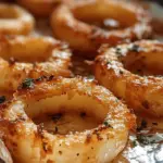 Crispy mozzarella onion rings with marinara sauce, garnished with herbs, perfect for gatherings.