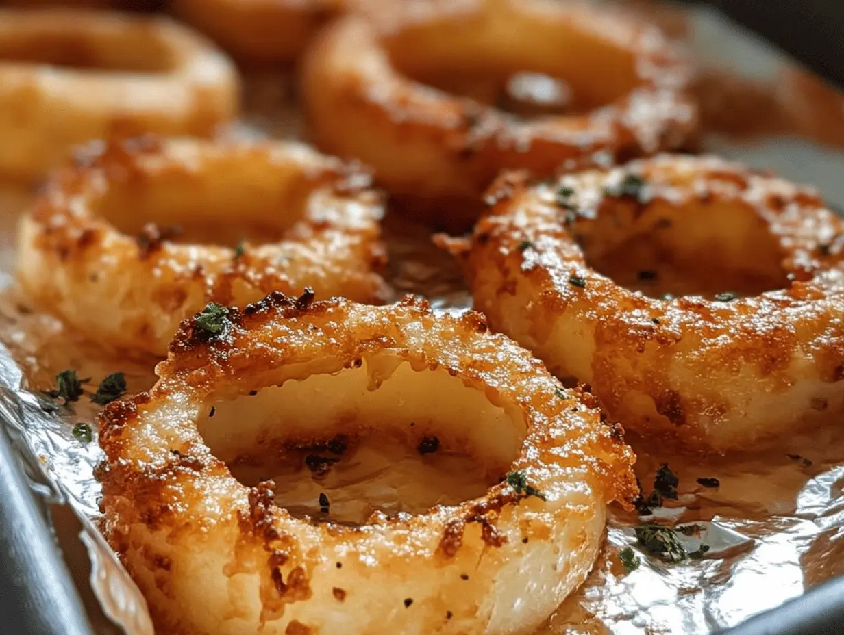 Crispy mozzarella onion rings with marinara sauce, garnished with herbs, perfect for gatherings.