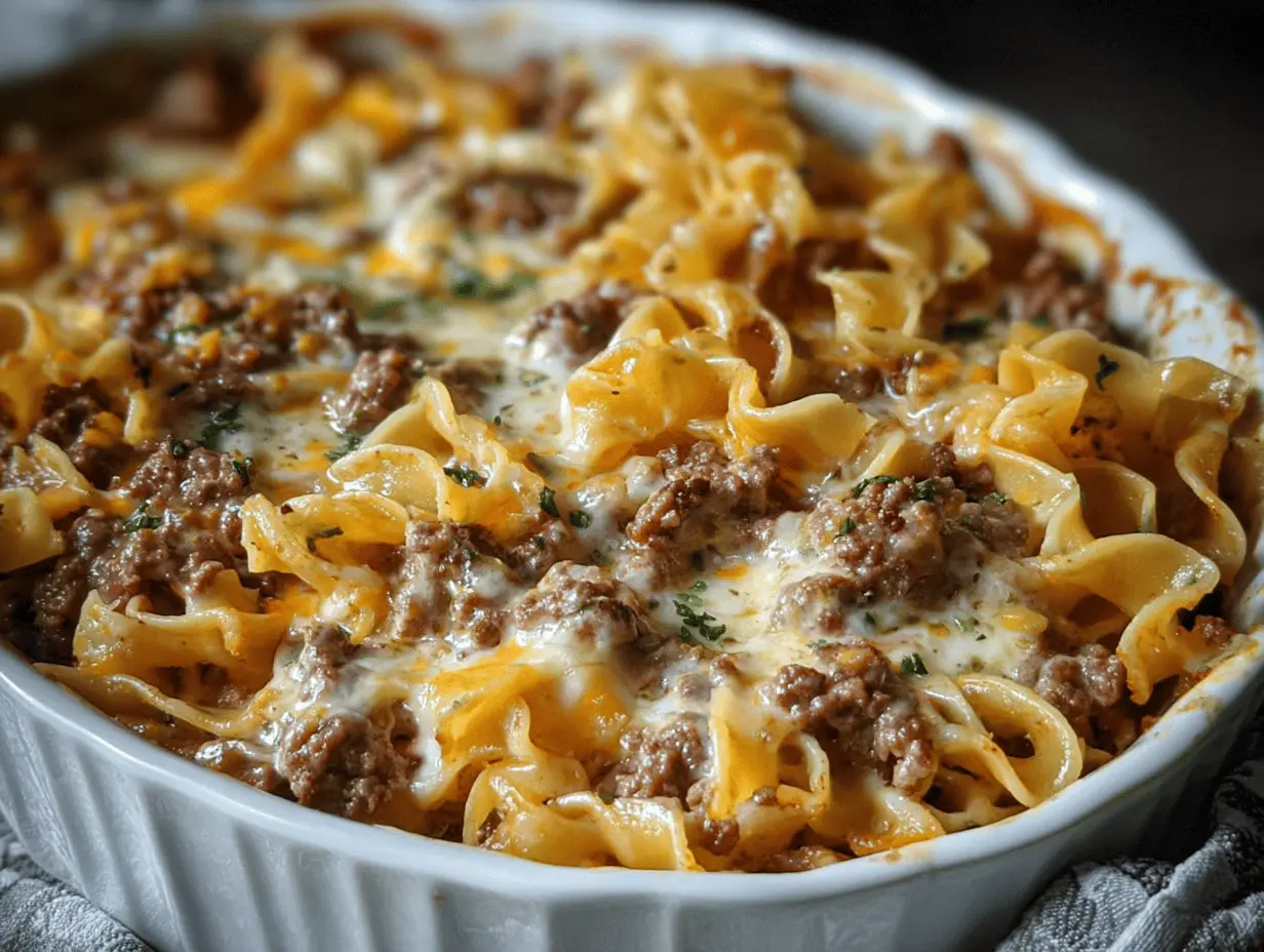 Delicious Sour Cream Beef Noodle Casserole topped with melted cheese, perfect for family dinners.